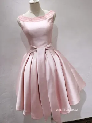 A-line Bateau Cute Homecoming Dress Beaded Pink Short Prom Dresses EDS031