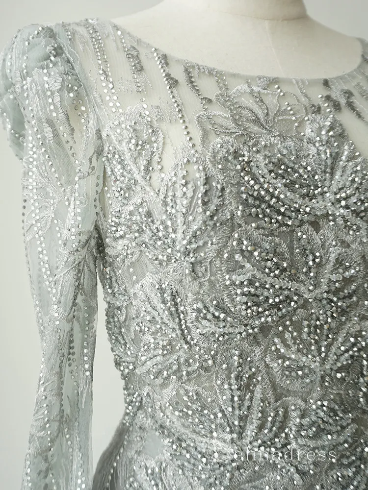 A-line Long Sleeve Gray Luxury Embroidery Long Prom Dress Beaded Evening Gowns ASB018