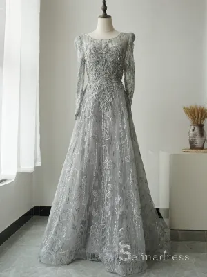 A-line Long Sleeve Gray Luxury Embroidery Long Prom Dress Beaded Evening Gowns ASB018