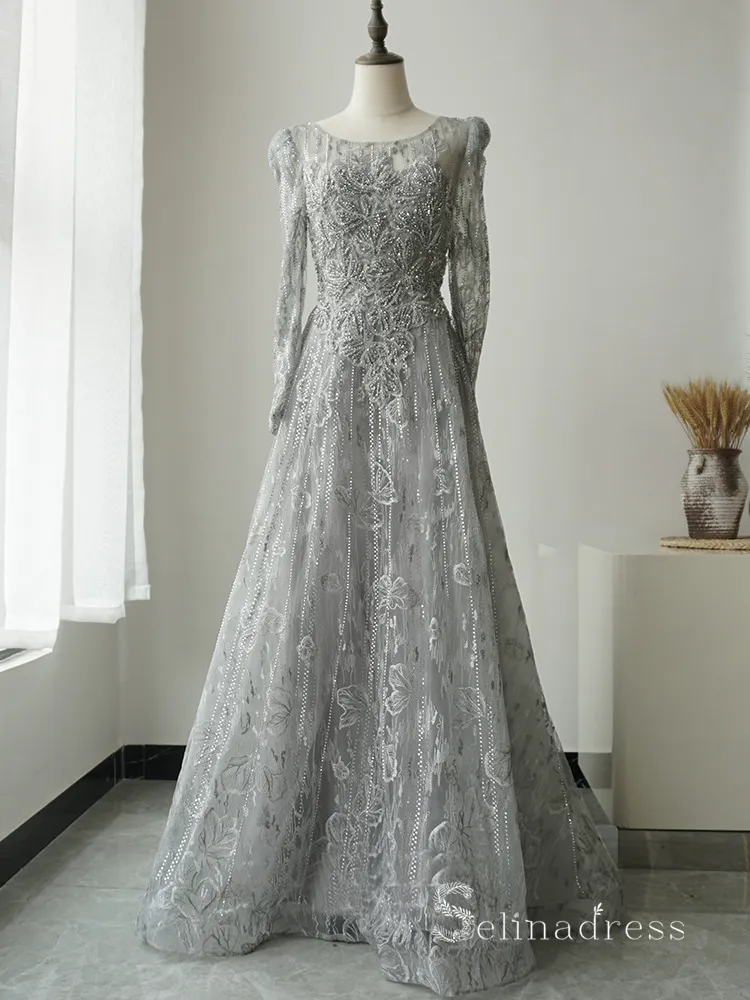 A-line Long Sleeve Gray Luxury Embroidery Long Prom Dress Beaded Evening Gowns ASB018