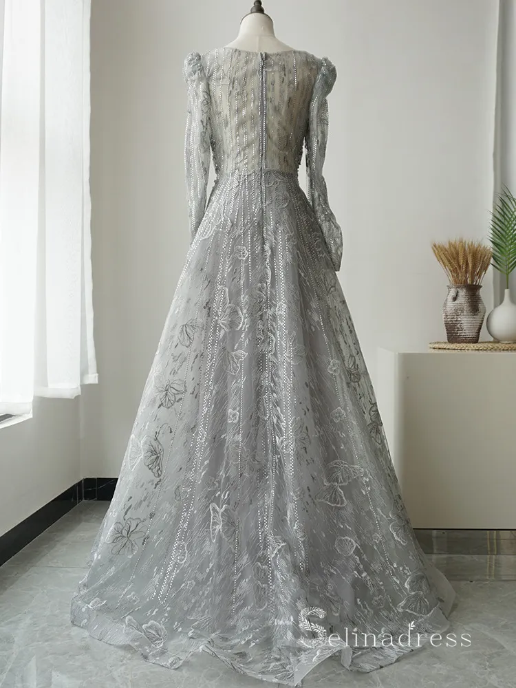 A-line Long Sleeve Gray Luxury Embroidery Long Prom Dress Beaded Evening Gowns ASB018