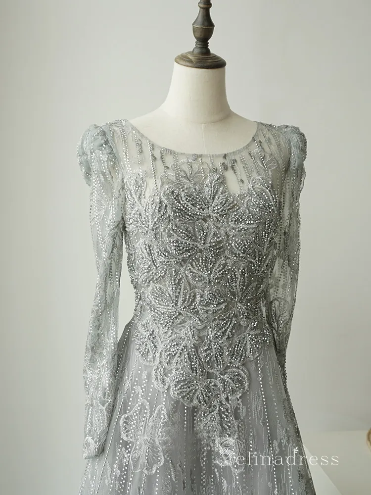 A-line Long Sleeve Gray Luxury Embroidery Long Prom Dress Beaded Evening Gowns ASB018