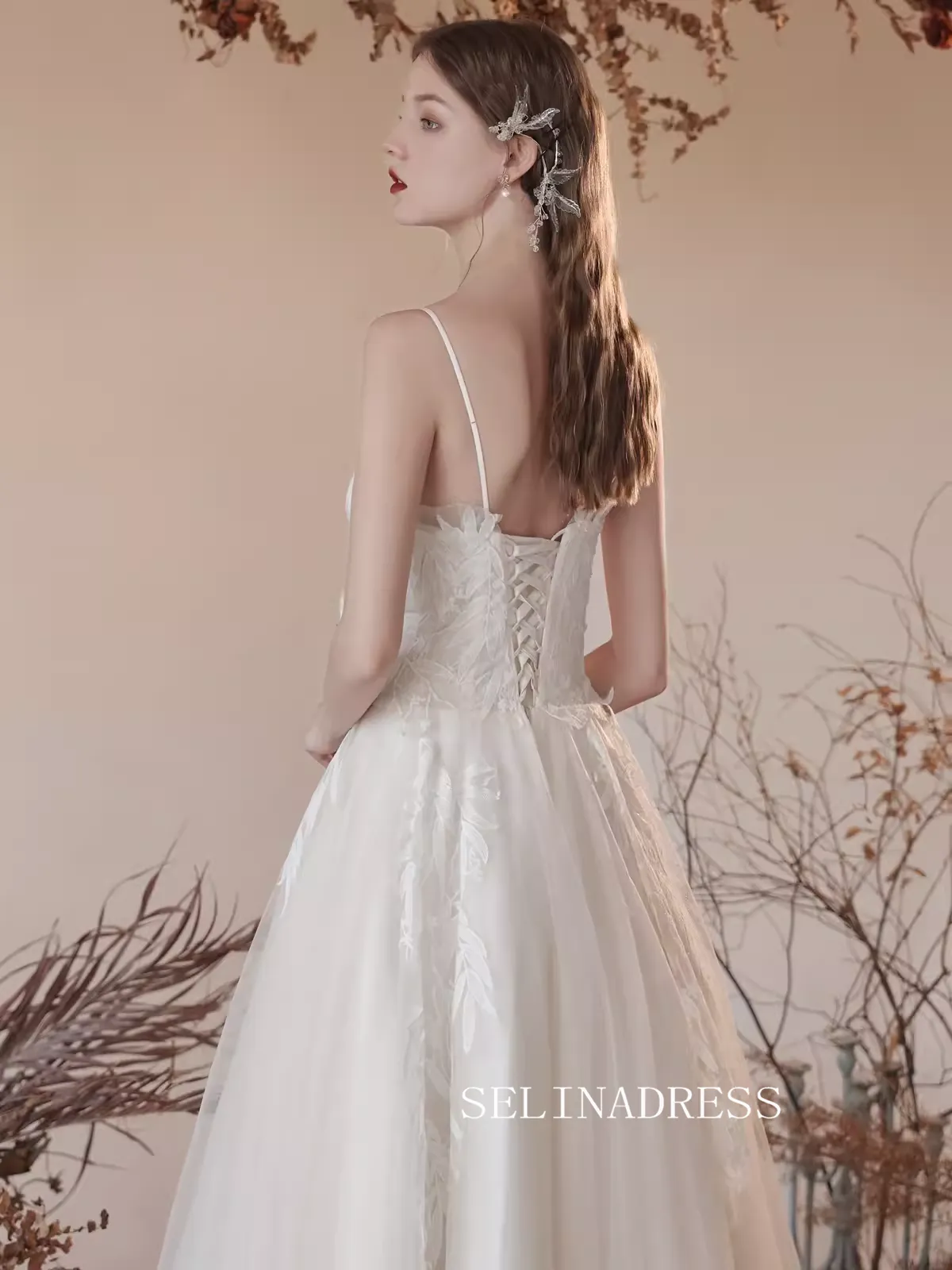 A-line Spaghetti Straps Ivory Lace Prom Dress Ankle-length Princess Dresses TKL2206