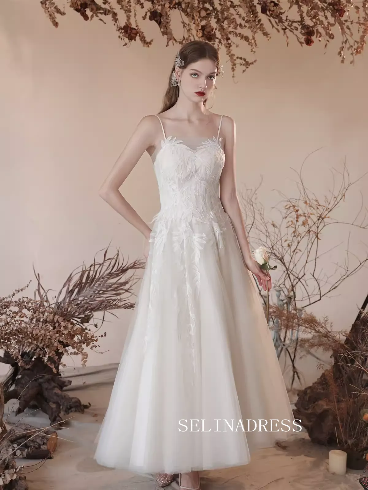 A-line Spaghetti Straps Ivory Lace Prom Dress Ankle-length Princess Dresses TKL2206