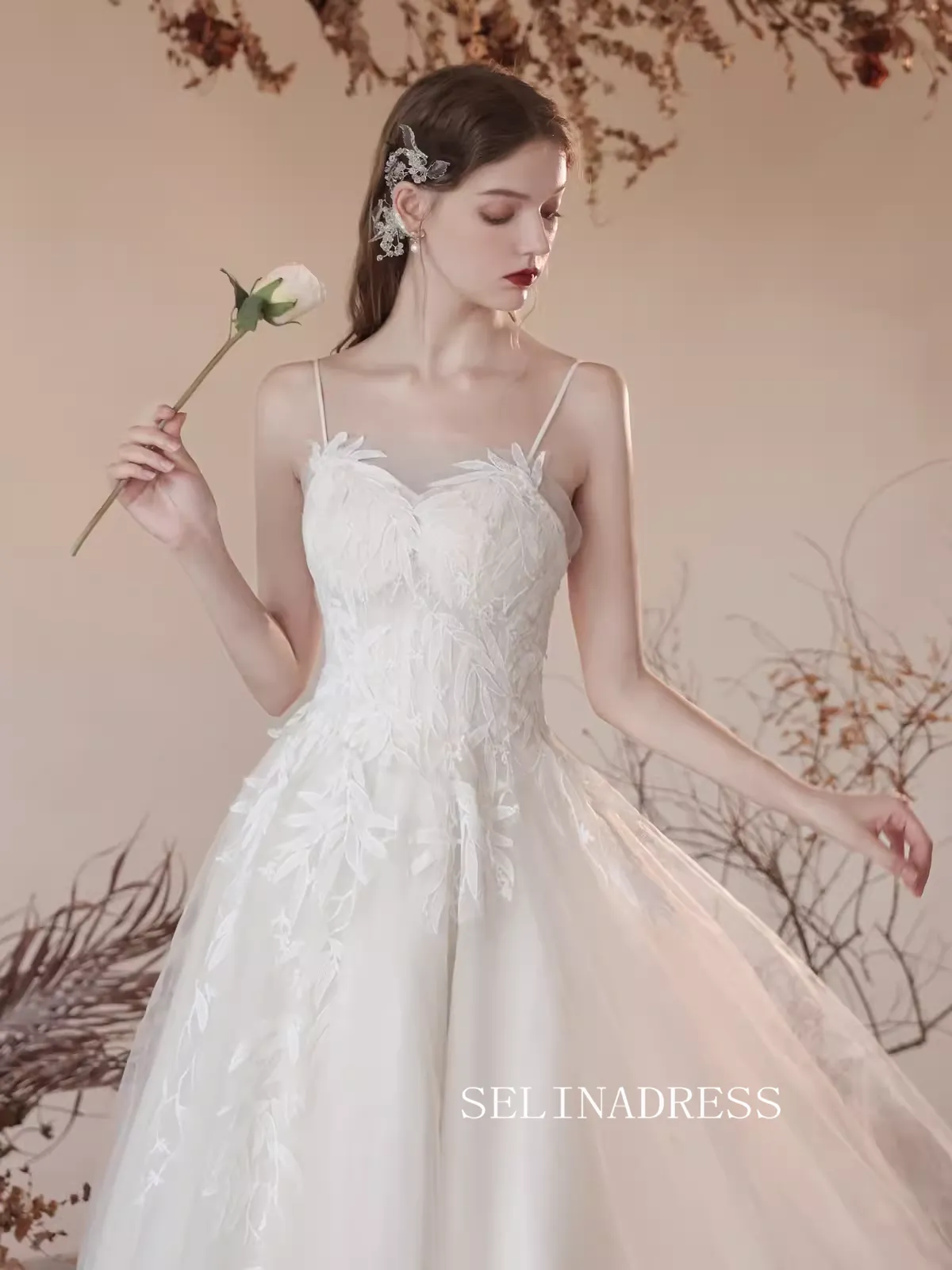 A-line Spaghetti Straps Ivory Lace Prom Dress Ankle-length Princess Dresses TKL2206