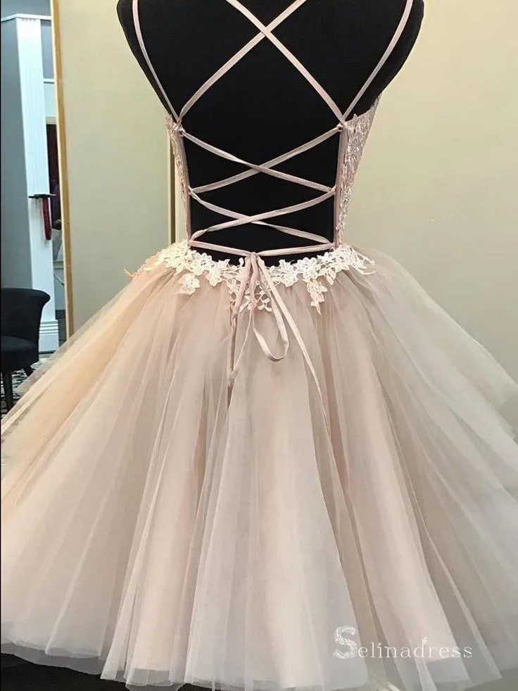 A-line Spaghetti Straps Pink Applique Short Prom Dress Homecoming Dresses #MLH040