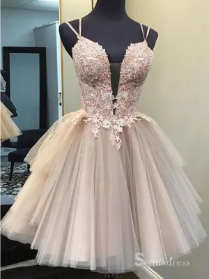 A-line Spaghetti Straps Pink Applique Short Prom Dress Homecoming Dresses #MLH040