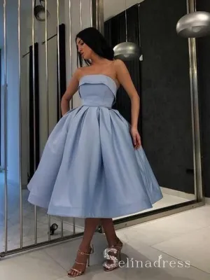 A-line Strapless Light Sky Blue Tea Length Prom Dress Satin Formal Gowns #CBD260