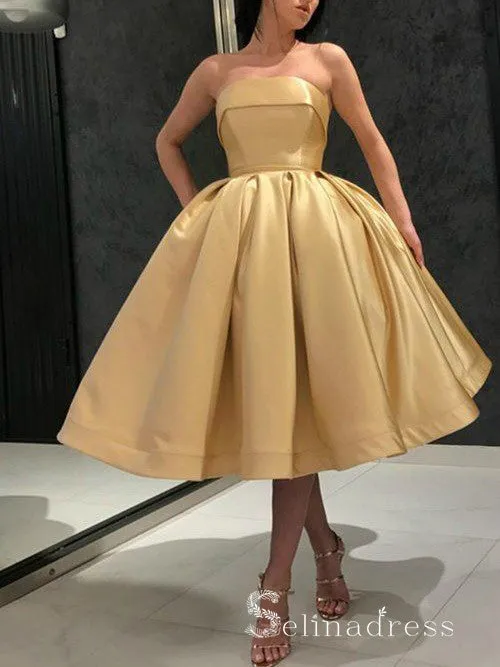 A-line Strapless Light Sky Blue Tea Length Prom Dress Satin Formal Gowns #CBD260