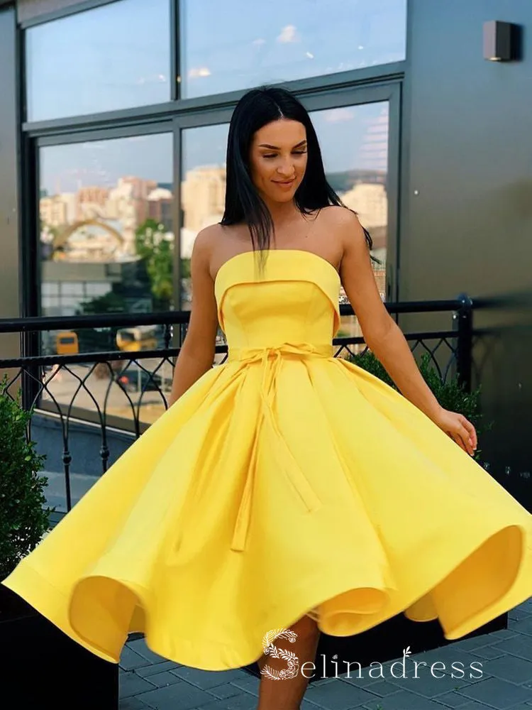 A-line Strapless Light Sky Blue Tea Length Prom Dress Satin Formal Gowns #CBD260