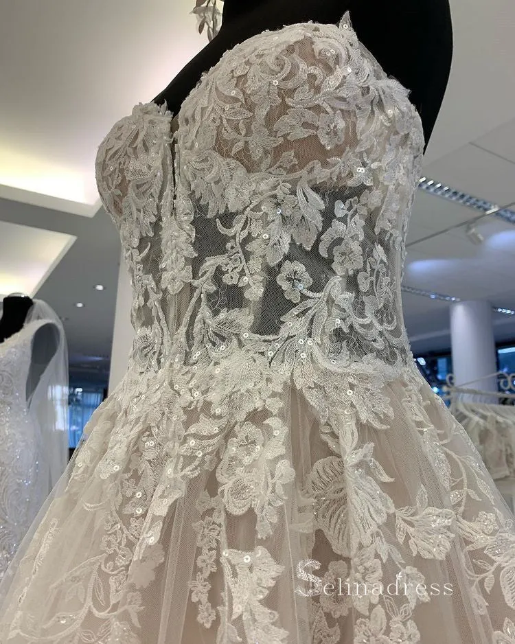 A-line Sweetheart Embroidery Lace Wedding Dress Romantic Bridal Dresses RYU026