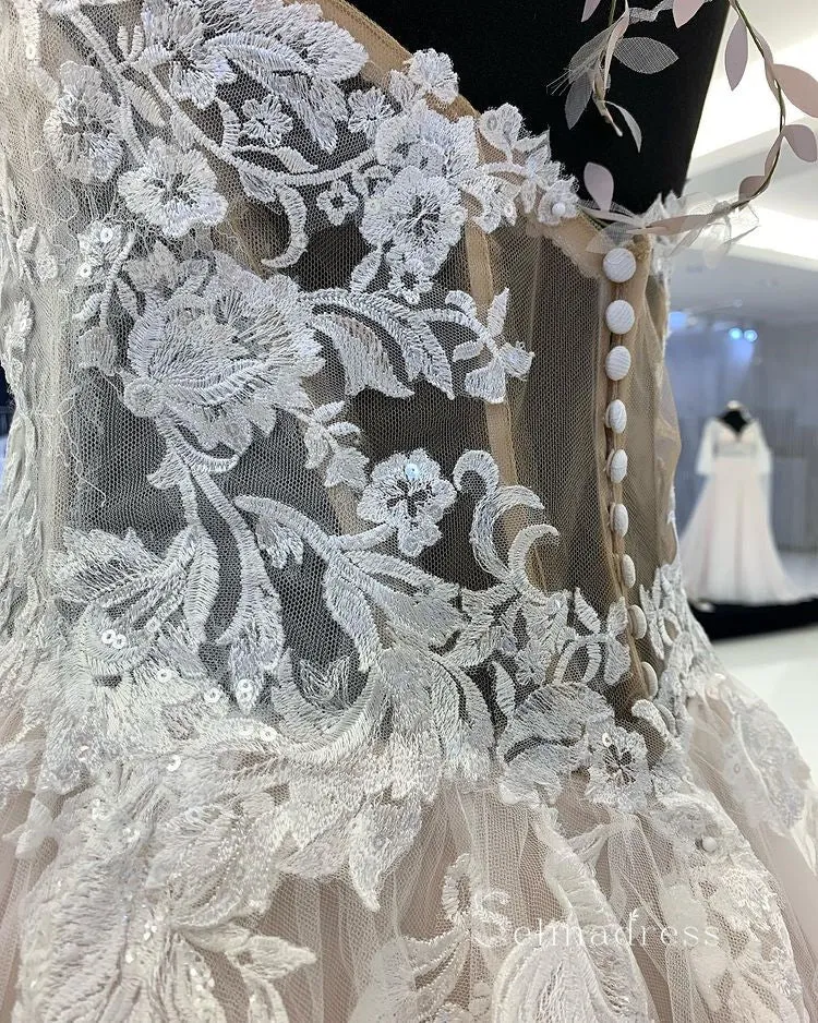 A-line Sweetheart Embroidery Lace Wedding Dress Romantic Bridal Dresses RYU026