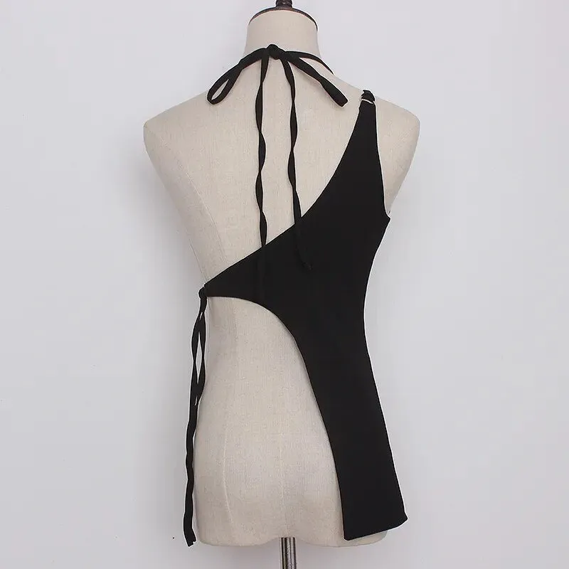 Black Sexy Vests For Women Asymmetrical Collar Sleeveless Bandage Irregular Solid Tank Tops Female Summer