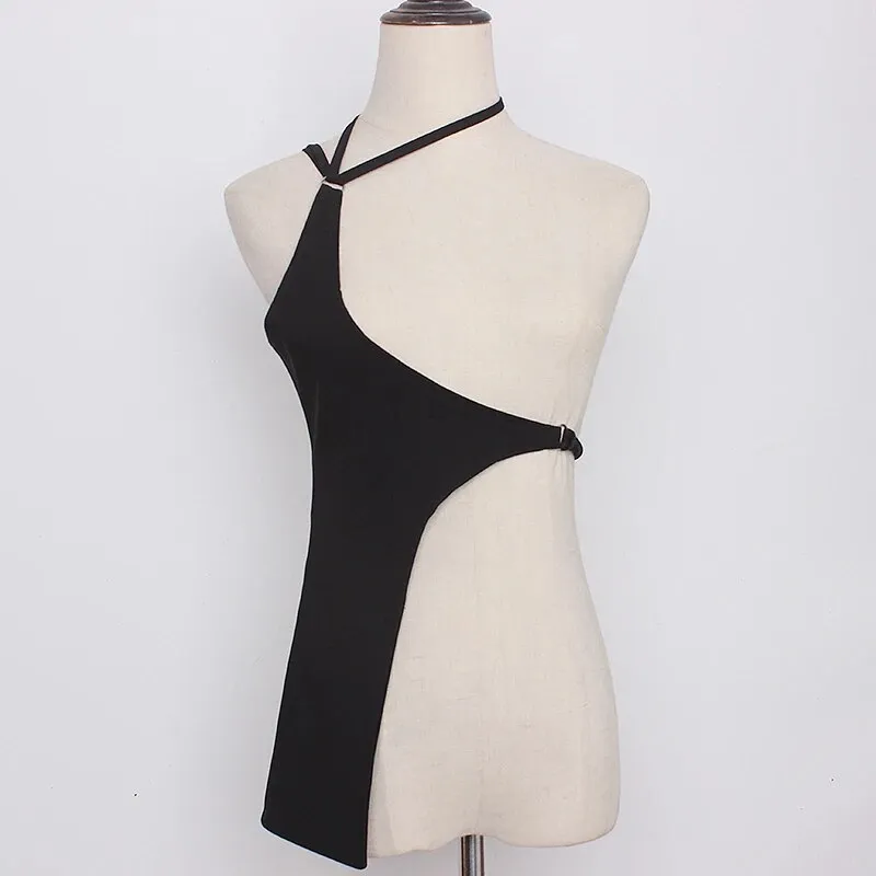 Black Sexy Vests For Women Asymmetrical Collar Sleeveless Bandage Irregular Solid Tank Tops Female Summer