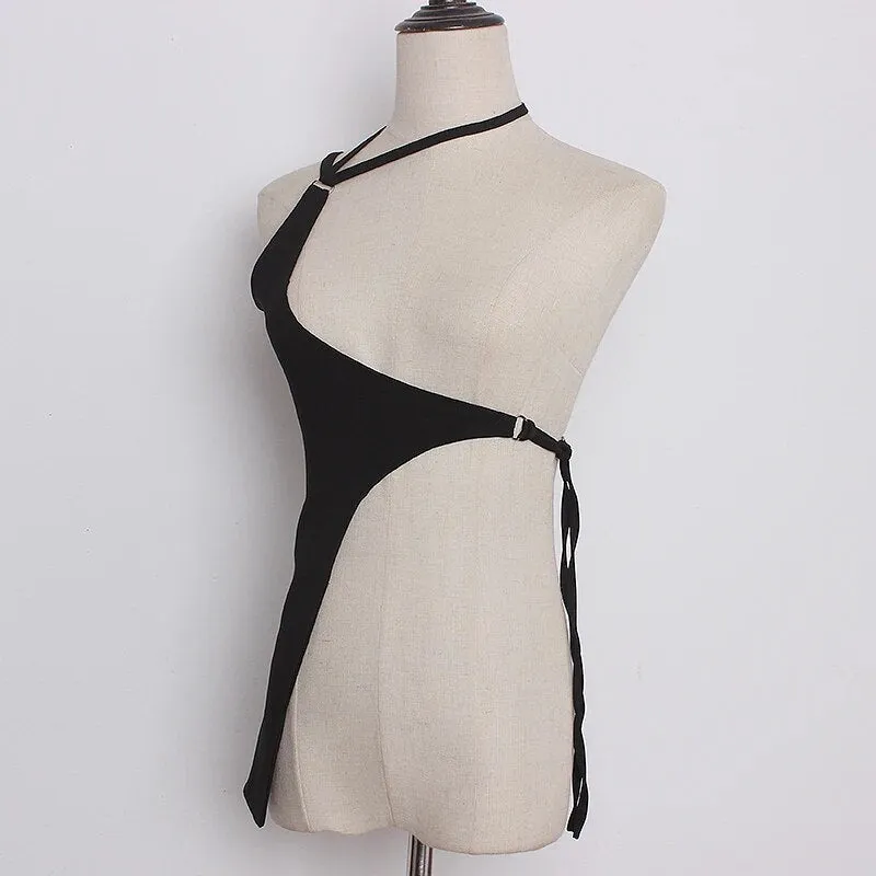 Black Sexy Vests For Women Asymmetrical Collar Sleeveless Bandage Irregular Solid Tank Tops Female Summer
