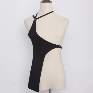 Black Sexy Vests For Women Asymmetrical Collar Sleeveless Bandage Irregular Solid Tank Tops Female Summer