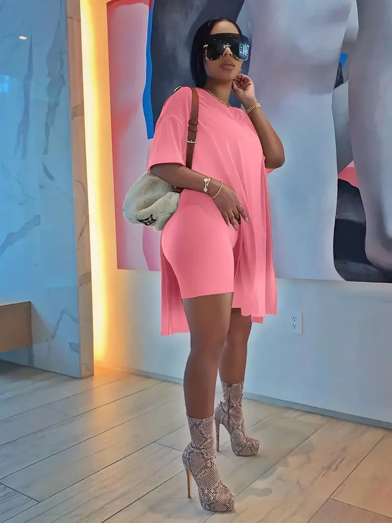 Body Embracing Long Slit Top 2Pcs Shorts Outfits