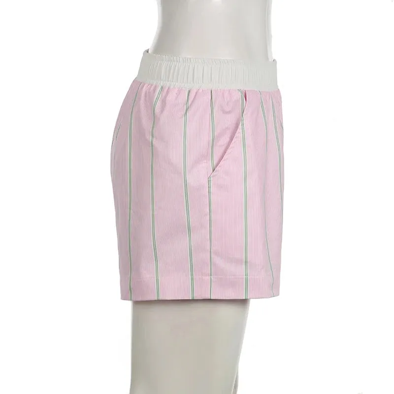 Casual Pink Stripe Basic Summer Shorts Women Buttons Homewear Elastic Waist Korean Fashion Hotpants Hottie Contrast