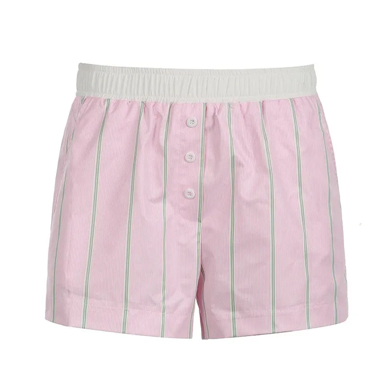 Casual Pink Stripe Basic Summer Shorts Women Buttons Homewear Elastic Waist Korean Fashion Hotpants Hottie Contrast