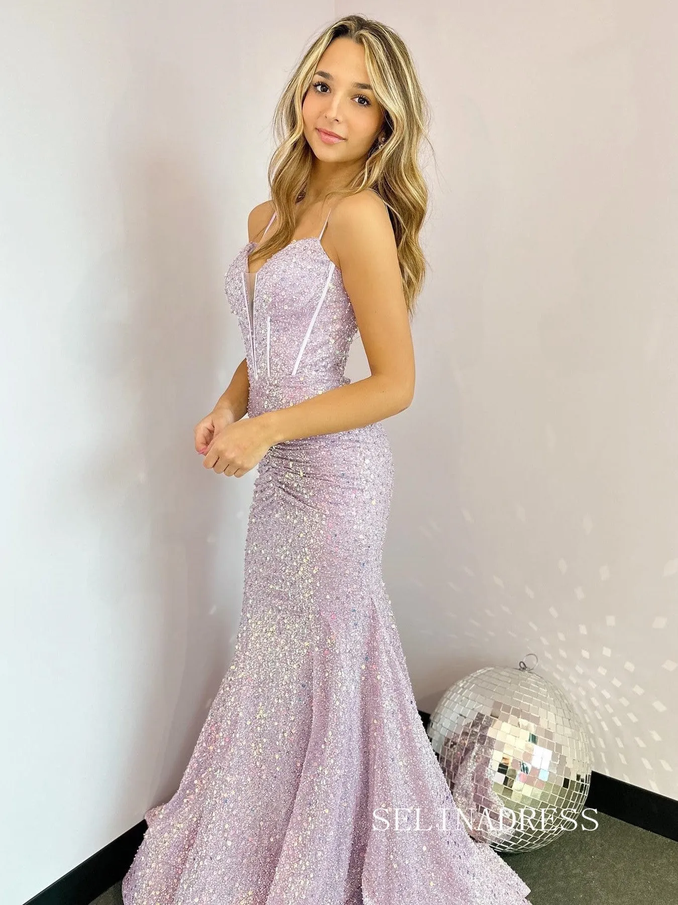 Charming Spaghetti Straps Sparkly Sequins Long Prom Dress Lilac Evening Dresses lpk507