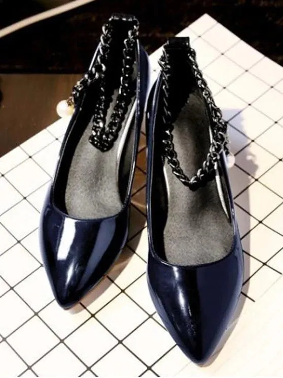 Cheap Block Heel Chain Faux Pearl Pumps