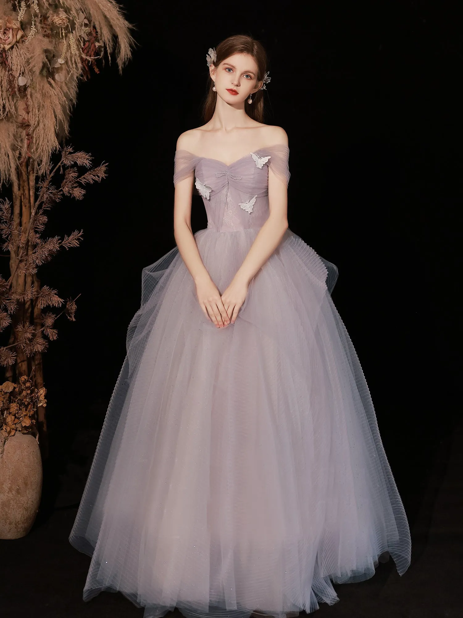 Chic A-line Off Shoulder Anomalistic Prom Dresses Tulle Long Formal Dresses Evening Dress OSTY070
