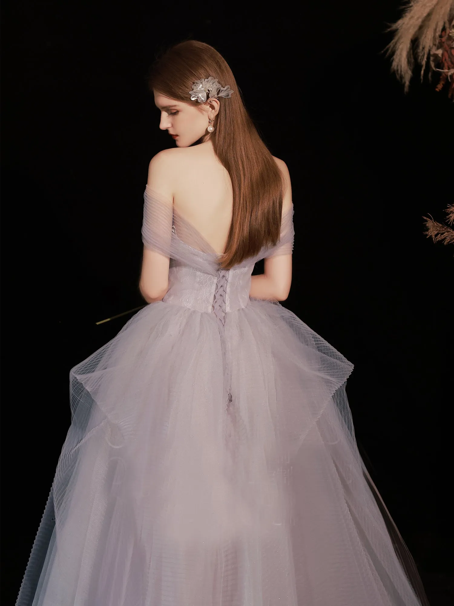 Chic A-line Off Shoulder Anomalistic Prom Dresses Tulle Long Formal Dresses Evening Dress OSTY070