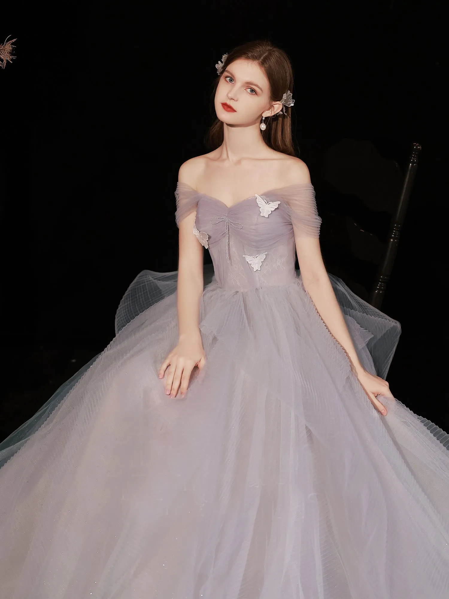 Chic A-line Off Shoulder Anomalistic Prom Dresses Tulle Long Formal Dresses Evening Dress OSTY070