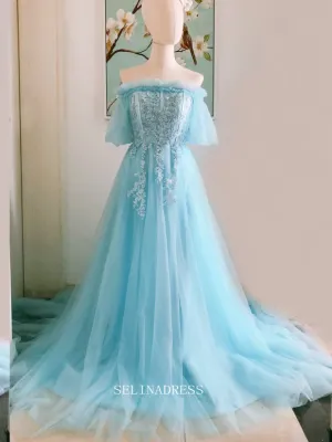Chic A-line Off Shoulder Blue Tulle Long Prom Dresses Princess Evening Dress Long Formal Dress OSTY047