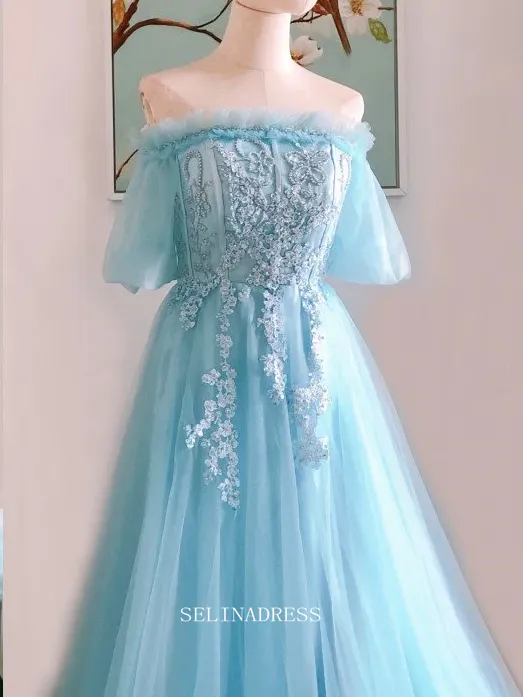 Chic A-line Off Shoulder Blue Tulle Long Prom Dresses Princess Evening Dress Long Formal Dress OSTY047