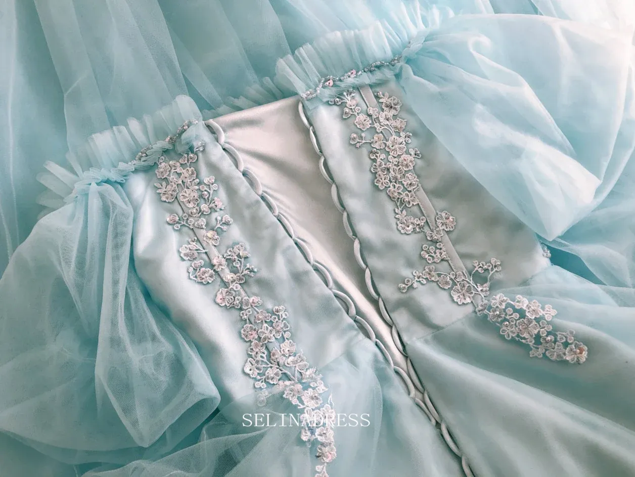 Chic A-line Off Shoulder Blue Tulle Long Prom Dresses Princess Evening Dress Long Formal Dress OSTY047