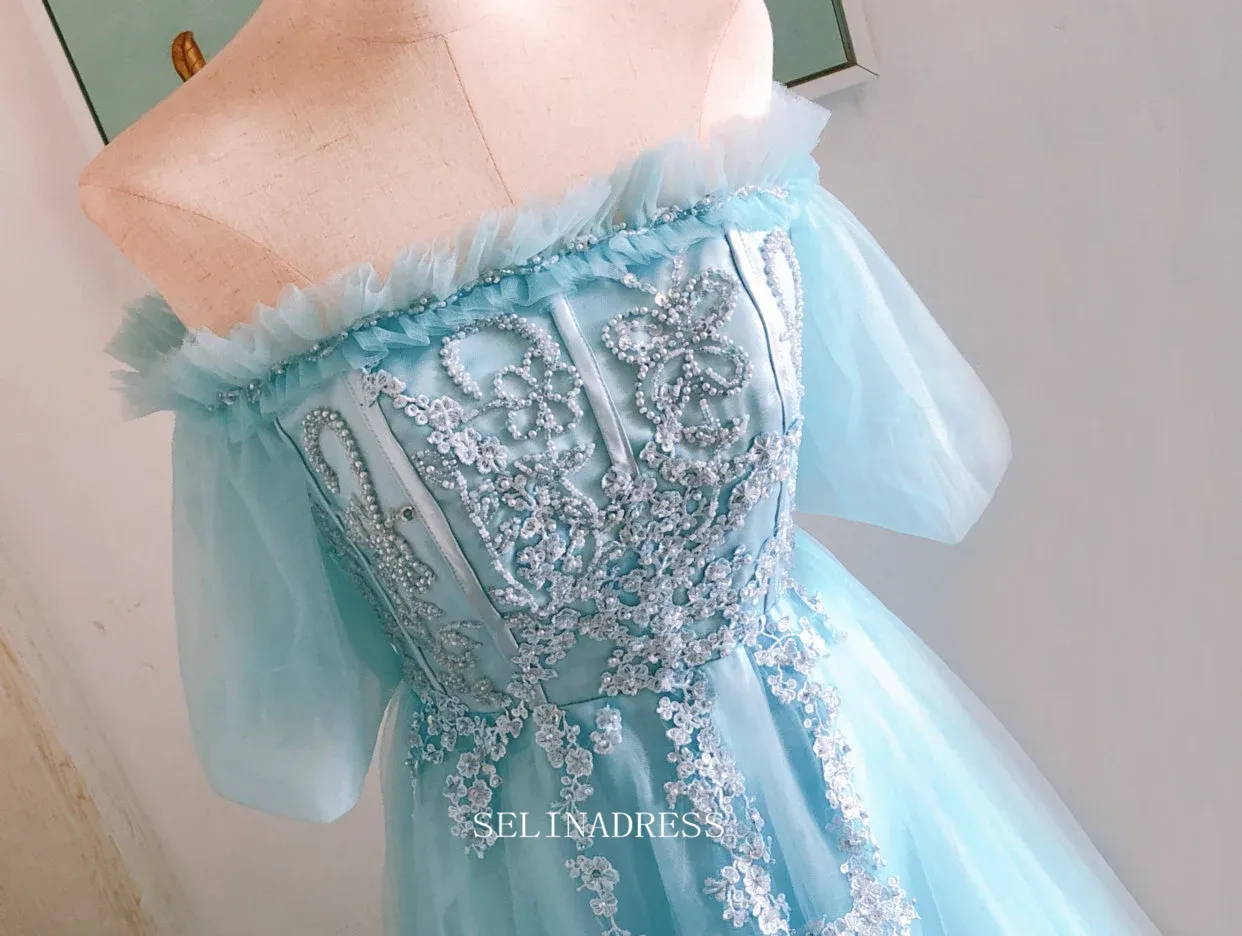 Chic A-line Off Shoulder Blue Tulle Long Prom Dresses Princess Evening Dress Long Formal Dress OSTY047