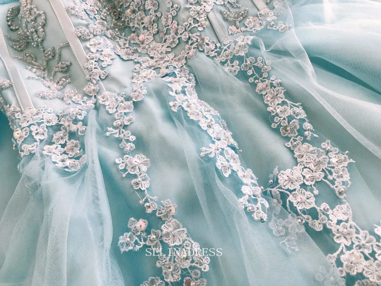 Chic A-line Off Shoulder Blue Tulle Long Prom Dresses Princess Evening Dress Long Formal Dress OSTY047