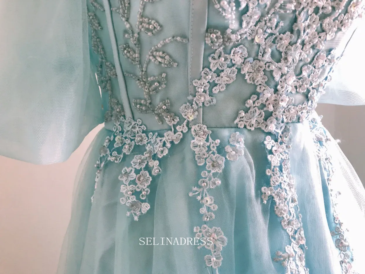 Chic A-line Off Shoulder Blue Tulle Long Prom Dresses Princess Evening Dress Long Formal Dress OSTY047