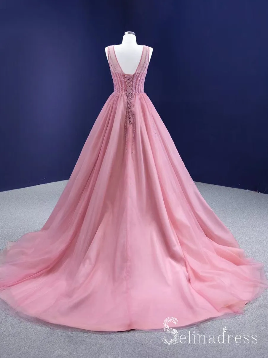 Chic A-line Princess Prom Dress Pink Luxury Custom Evening Gowns DWS6729