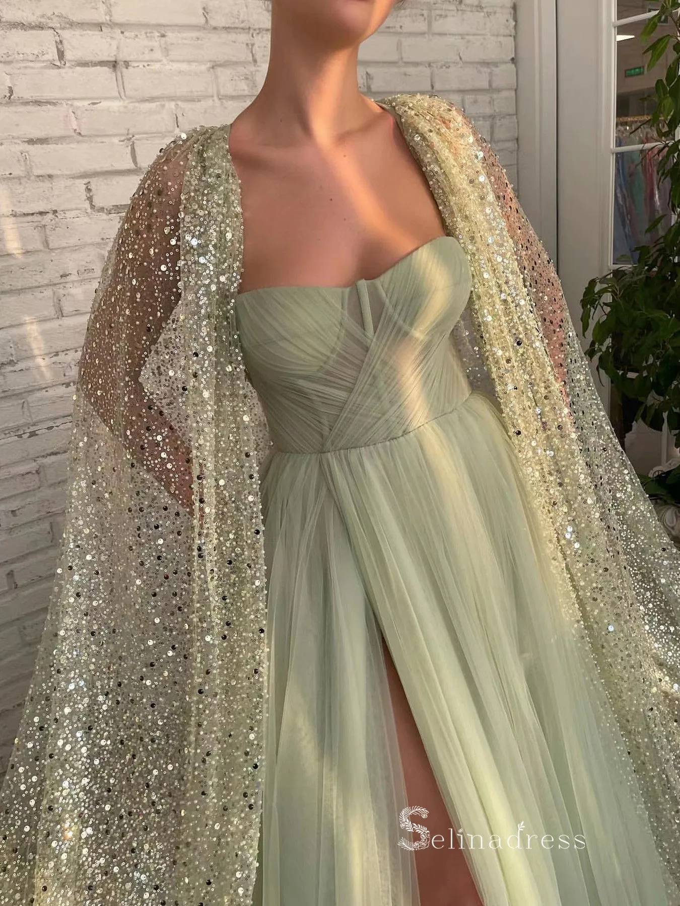 Chic A-line Sage Long Prom Dresses Modest Long Evening Gowns MLK020