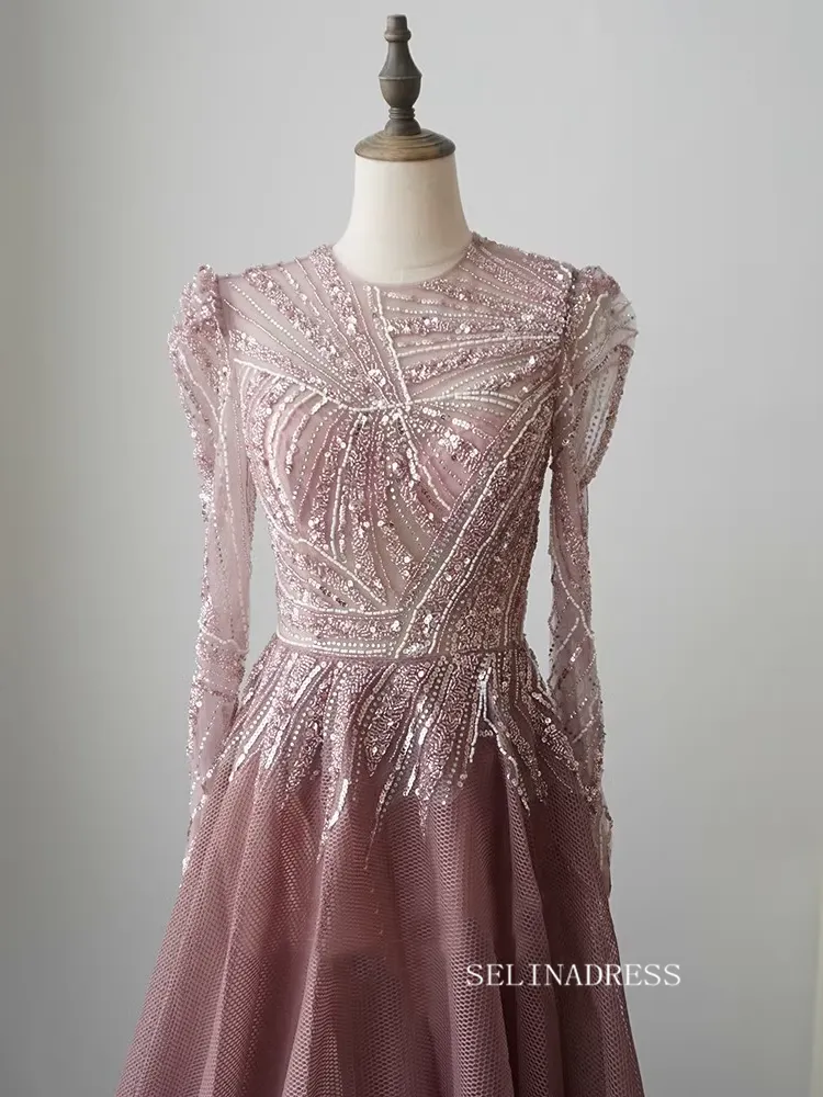 Chic A-line Scoop Long Sleeve Beaded Prom Dress Elegant Evening Dress #KOP003