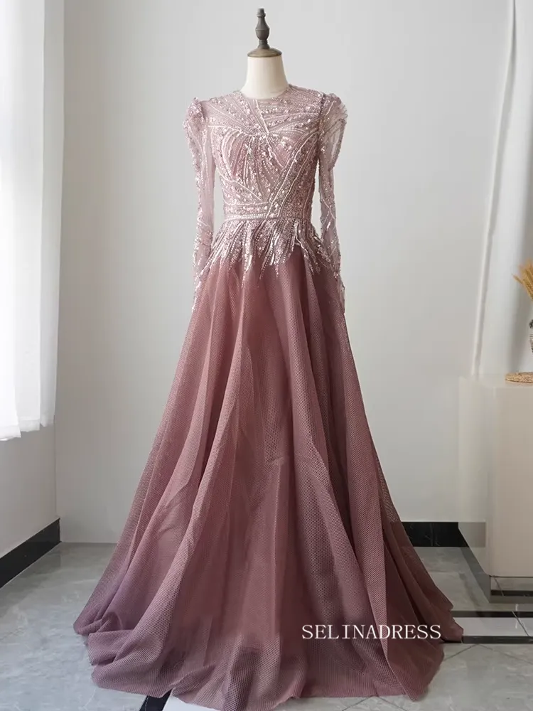 Chic A-line Scoop Long Sleeve Beaded Prom Dress Elegant Evening Dress #KOP003