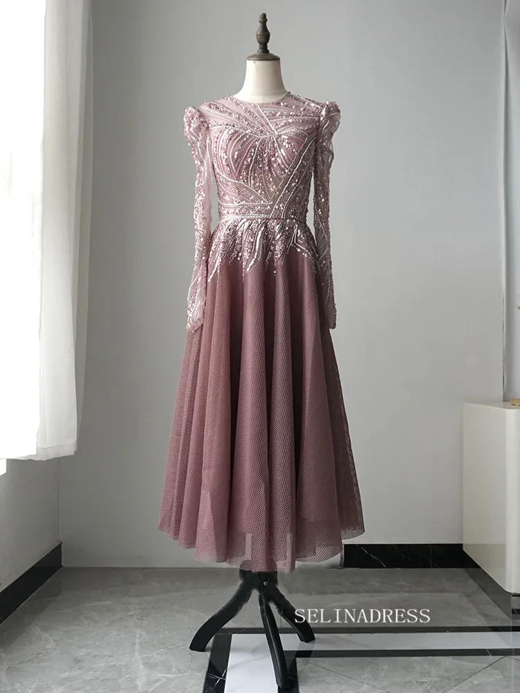Chic A-line Scoop Long Sleeve Beaded Prom Dress Elegant Evening Dress #KOP003