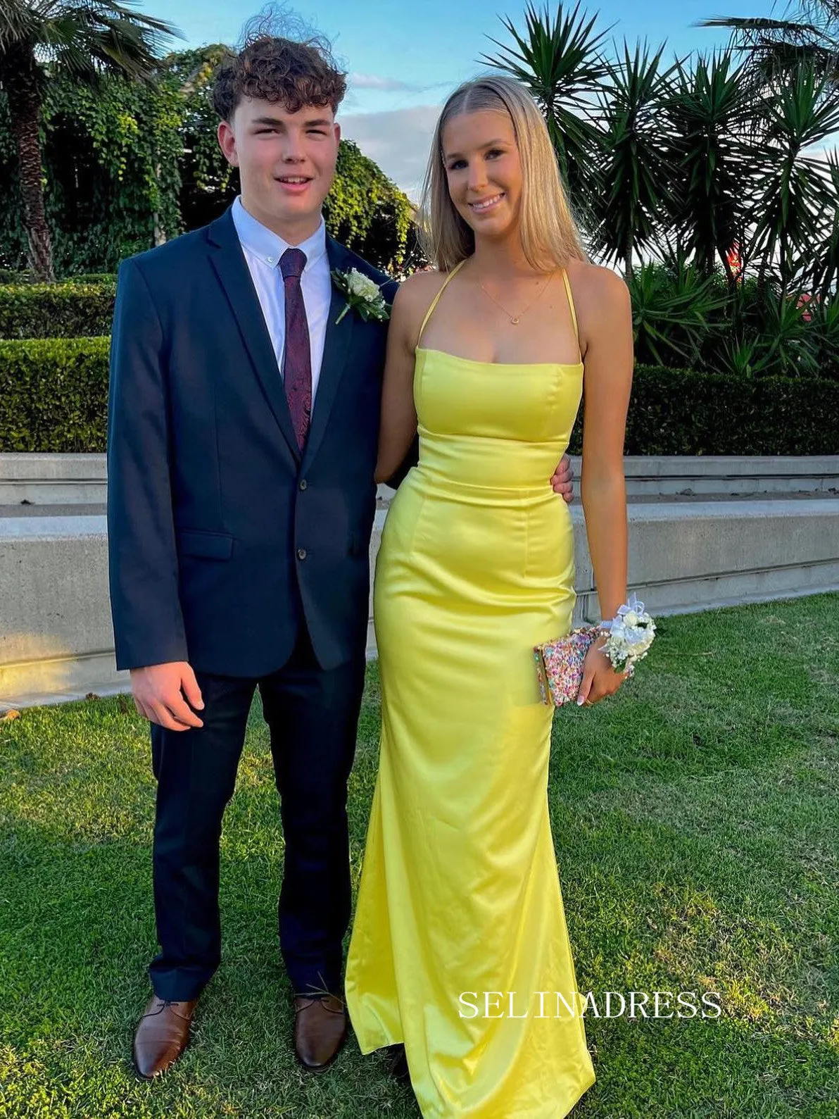 Chic Mermaid Spaghetti Straps Long Prom Dresses Cheap Yellow Evening Dress SEW0198