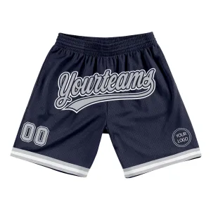 Custom Navy Gray-White Authentic Throwback Basketball Shorts Custom Navy Gray-White Authentic Throwback Basketball Shorts
