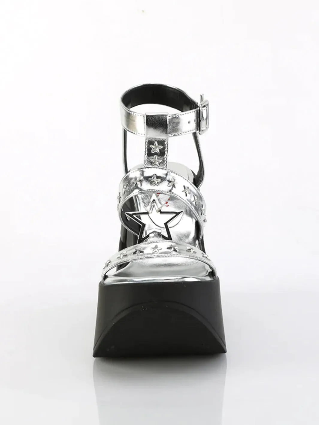 DEMONIA DYNAMITE-12 SANDALS - SILVER METALLIC VEGAN LEATHER