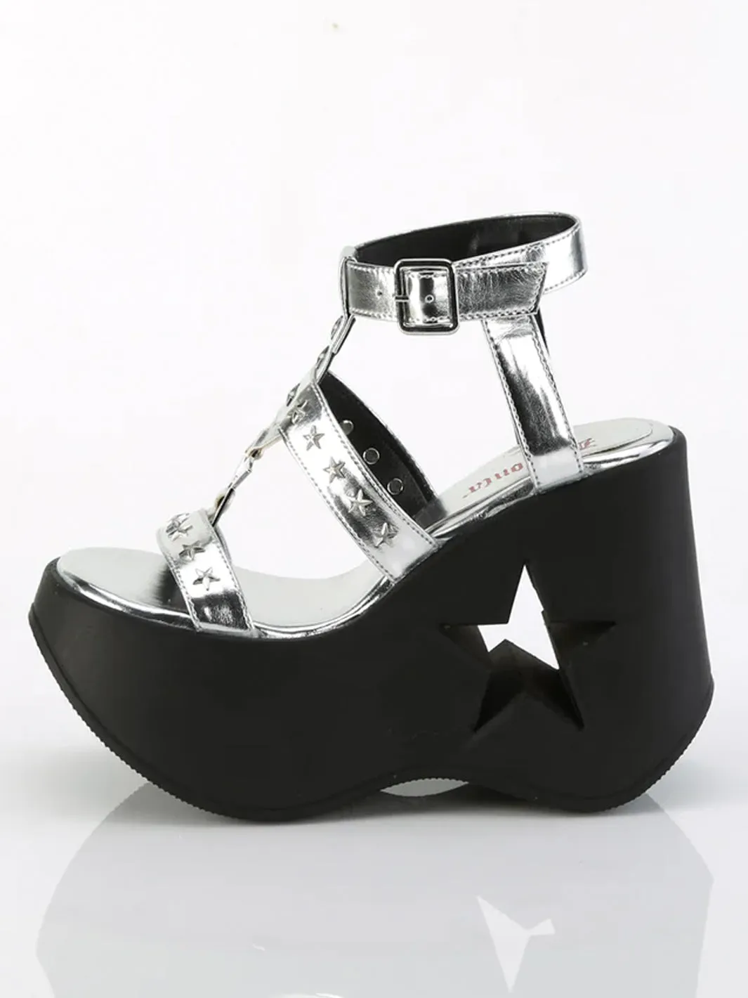 DEMONIA DYNAMITE-12 SANDALS - SILVER METALLIC VEGAN LEATHER