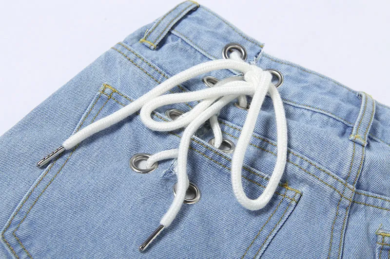Denim Eyelet Strap Short Jeans