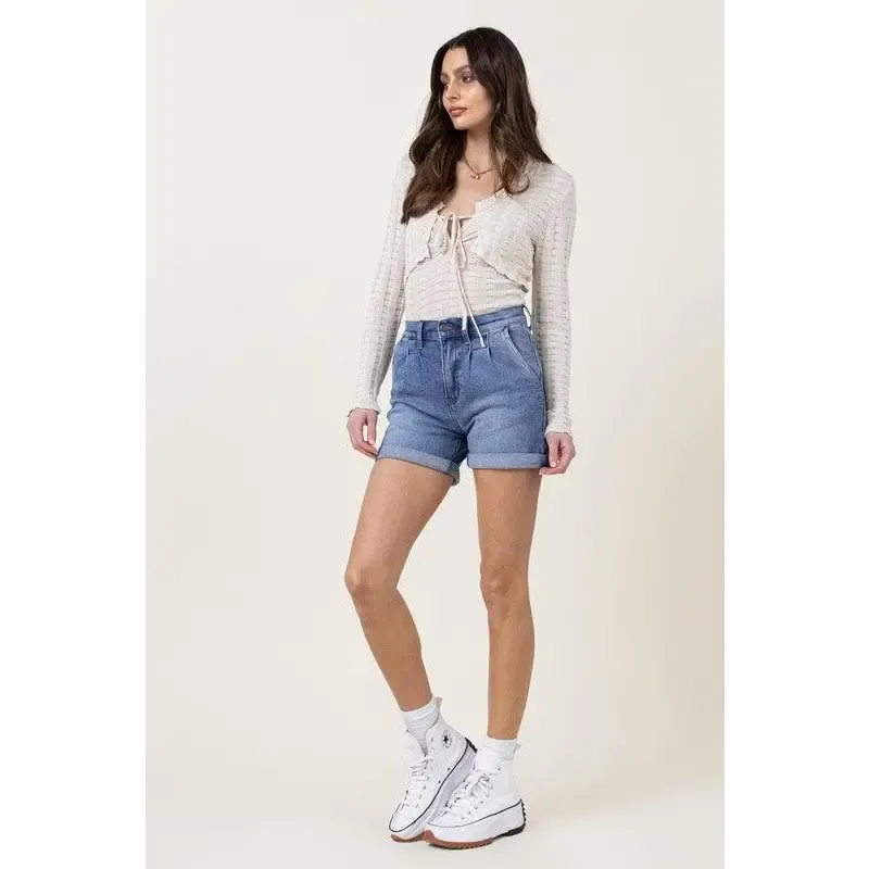 DENIM SHORTS W PIN TUCK DETAIL