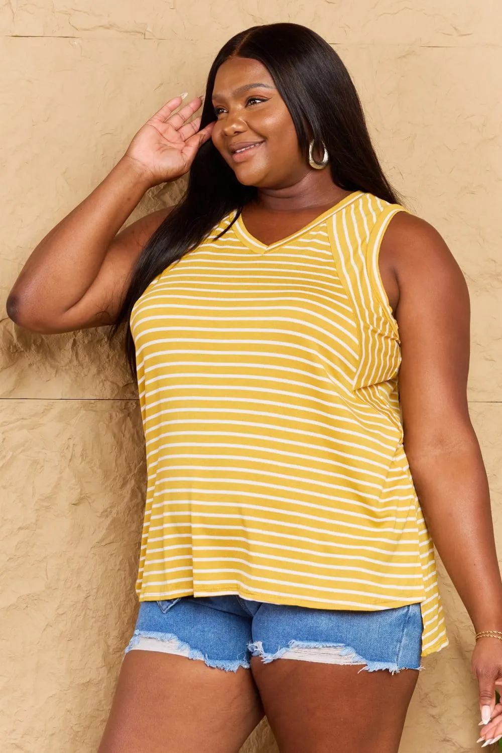 Full Size Striped Sleeveless V-Neck Top