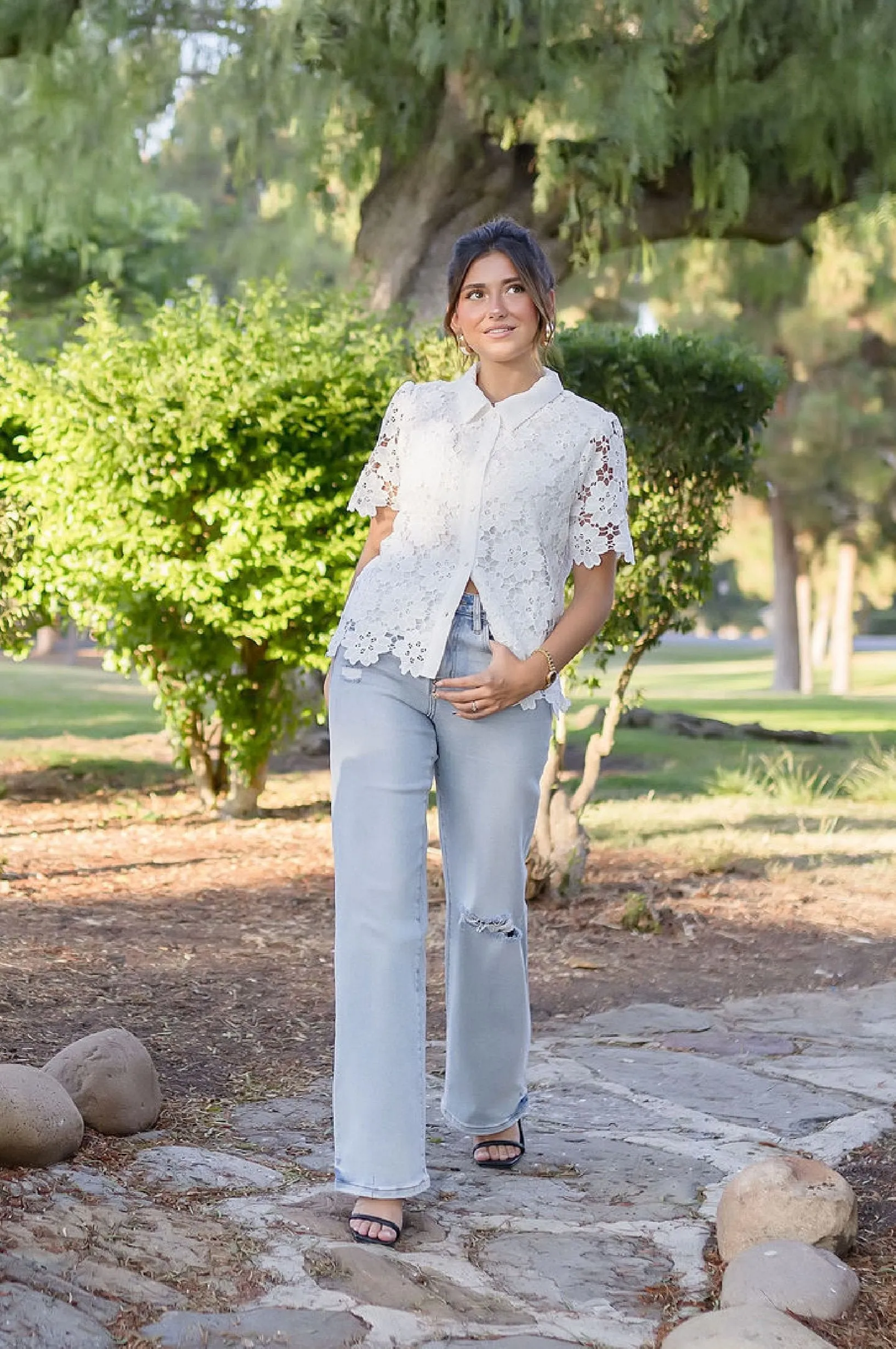 Jordyn Short Sleeve Button Down Floral Lace Top White