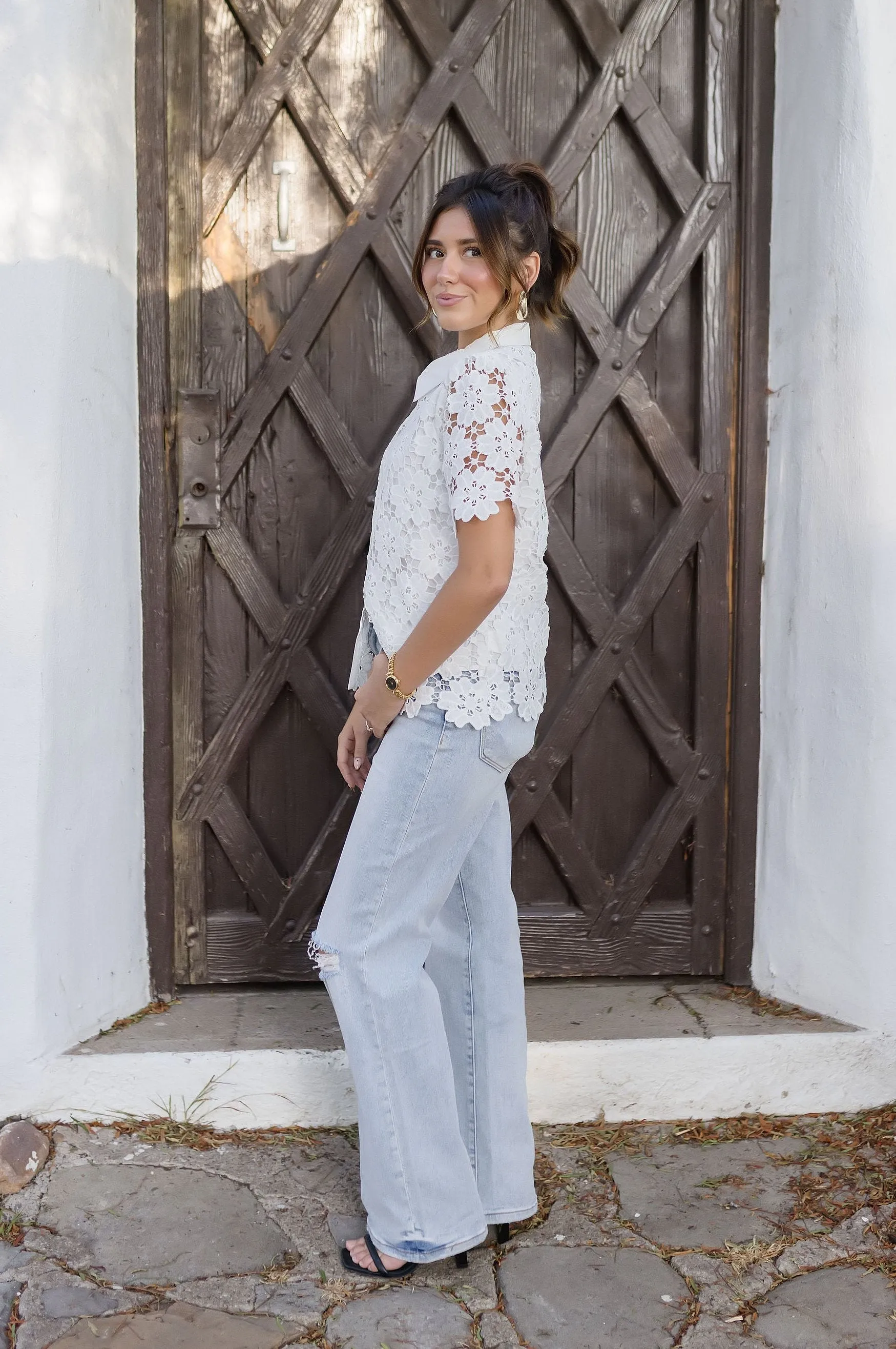 Jordyn Short Sleeve Button Down Floral Lace Top White