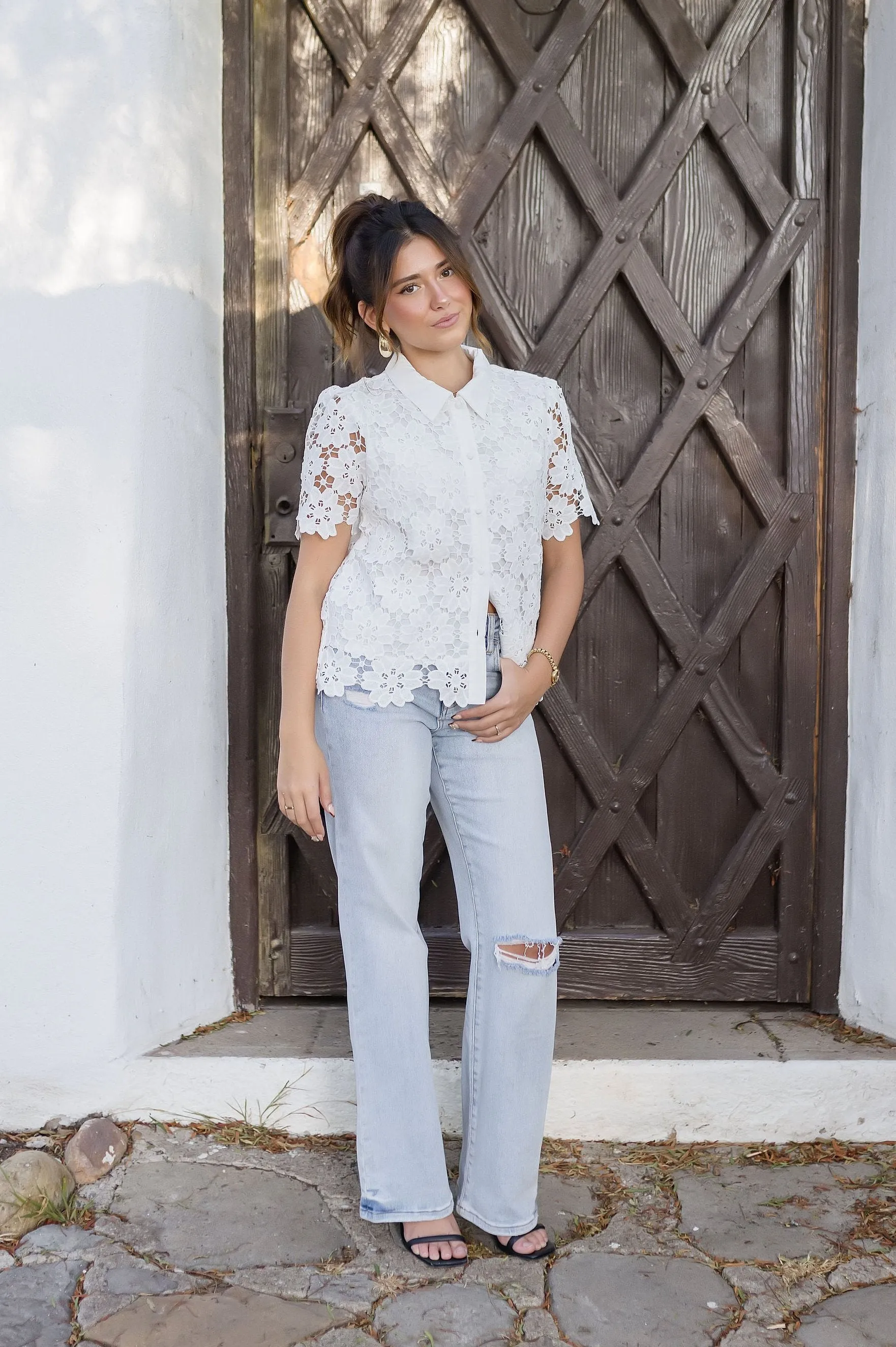 Jordyn Short Sleeve Button Down Floral Lace Top White