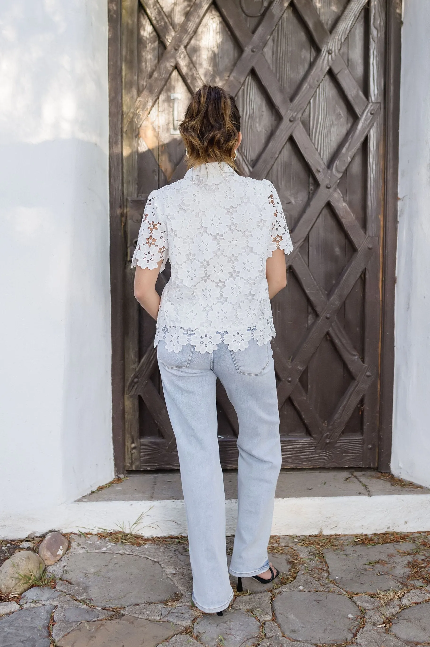 Jordyn Short Sleeve Button Down Floral Lace Top White